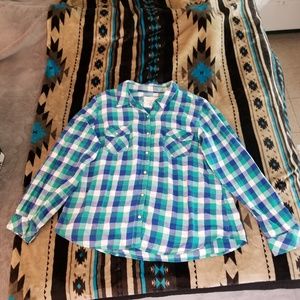 Blue and Green Plaid Button Down Long Sleeve Top